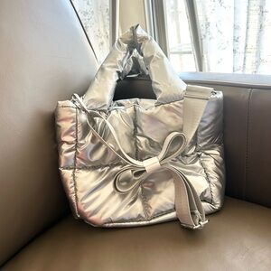 Claire's Metallic Silver Puffy Tote -Quilted Shoulder Bag
